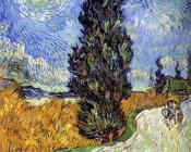 文森特 威廉 梵高 : 路上行人、马车、柏树、星斗和新月